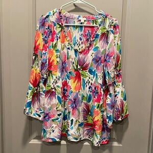 Spense Multicolor Floral Blouse Size Large | Flared 3/4 Sleeves | Ruffle V-Neck